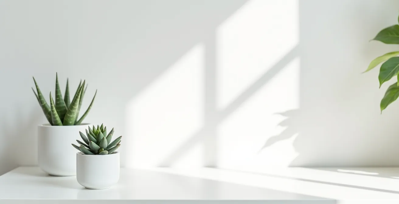 Un espace de travail épuré avec une plante verte baignée de lumière naturelle