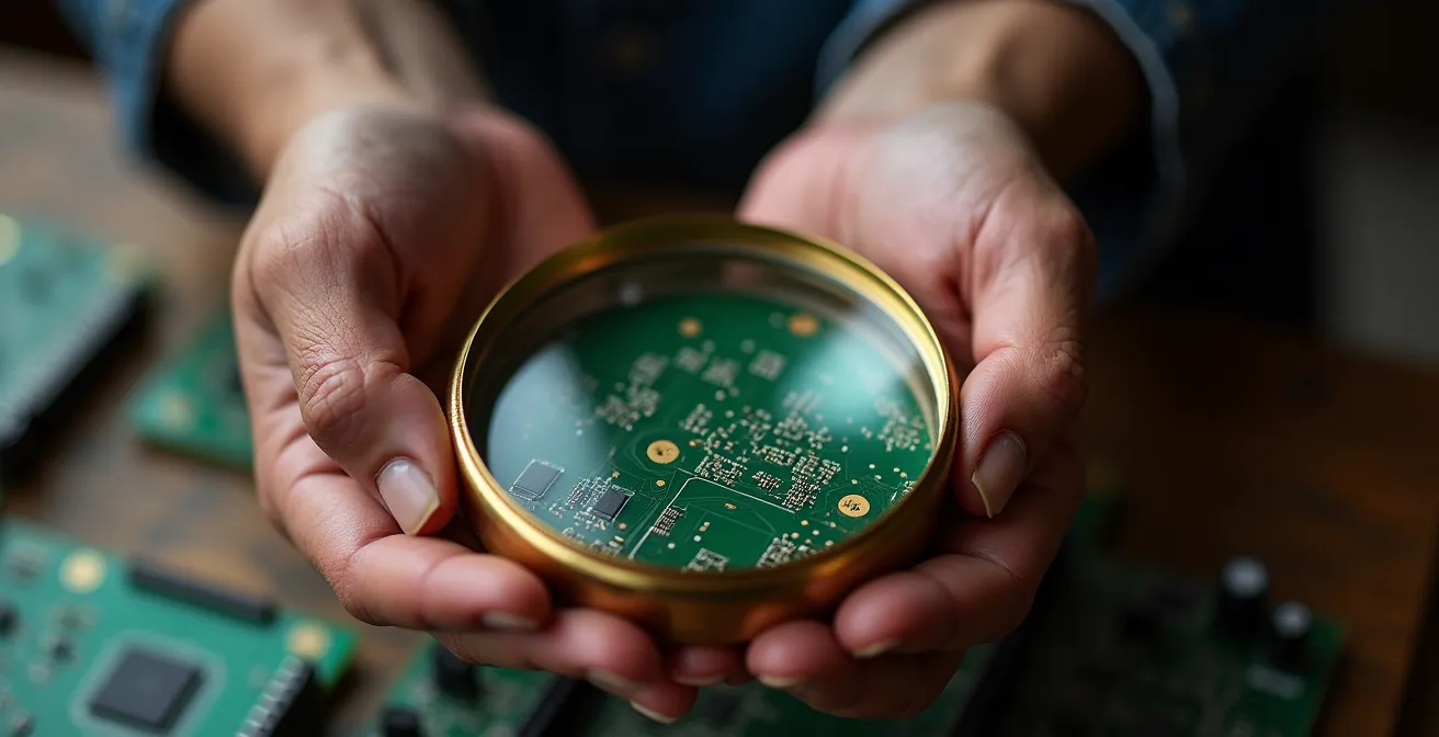 Un magistrat examine minutieusement un circuit imprimé avec une loupe