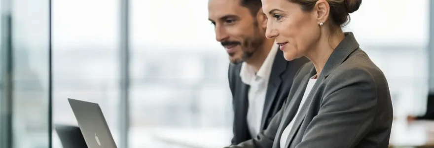 Discussion entre responsables RH sur la mise en place du CSE dans un bureau moderne