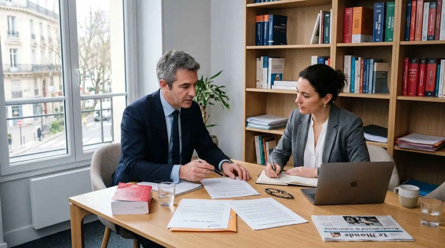 Consultation entre un avocat spécialisé en droit social et un client dans un cabinet juridique français contemporain avec documents légaux sur le bureau
