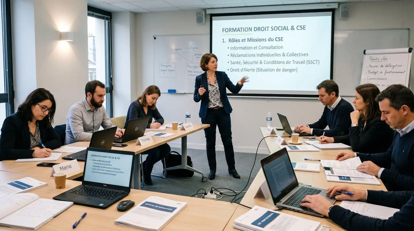 Session de formation professionnelle en droit social avec un formateur présentant du contenu pédagogique à un groupe de professionnels RH et élus CSE dans une salle de formation contemporaine