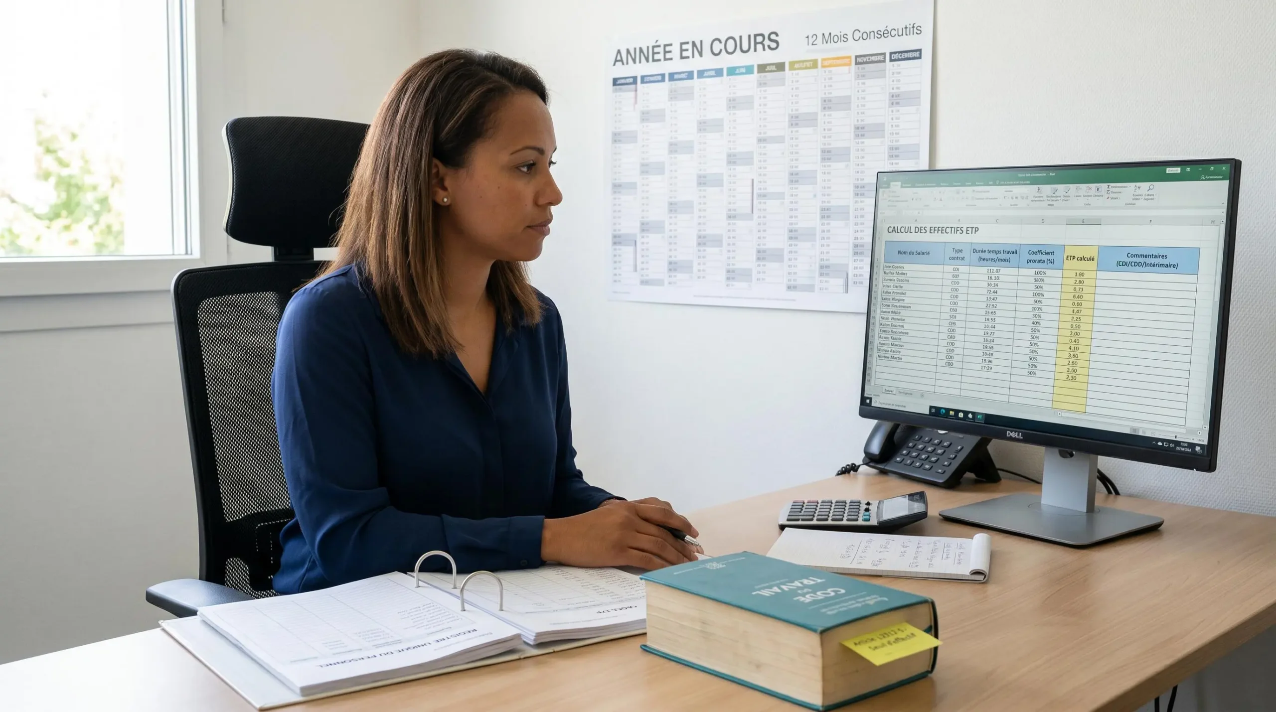 Responsable RH analysant une feuille de calcul détaillée d'effectif en équivalent temps plein (ETP) sur ordinateur avec registre du personnel et Code du travail ouvert sur le bureau