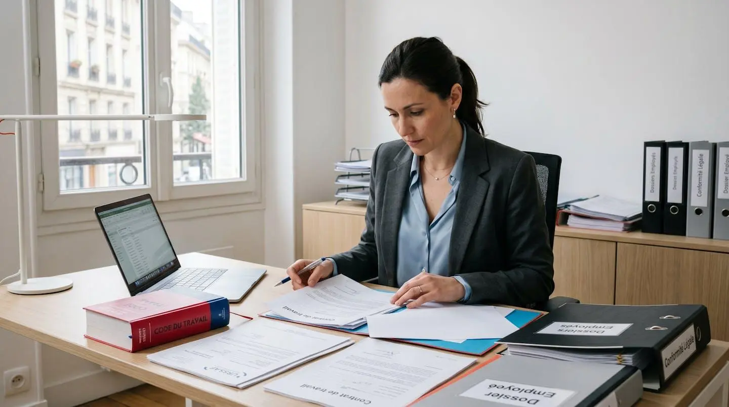Responsable RH consultant plusieurs documents juridiques officiels sur son bureau dont le Code du travail et des documents URSSAF dans un bureau contemporain français