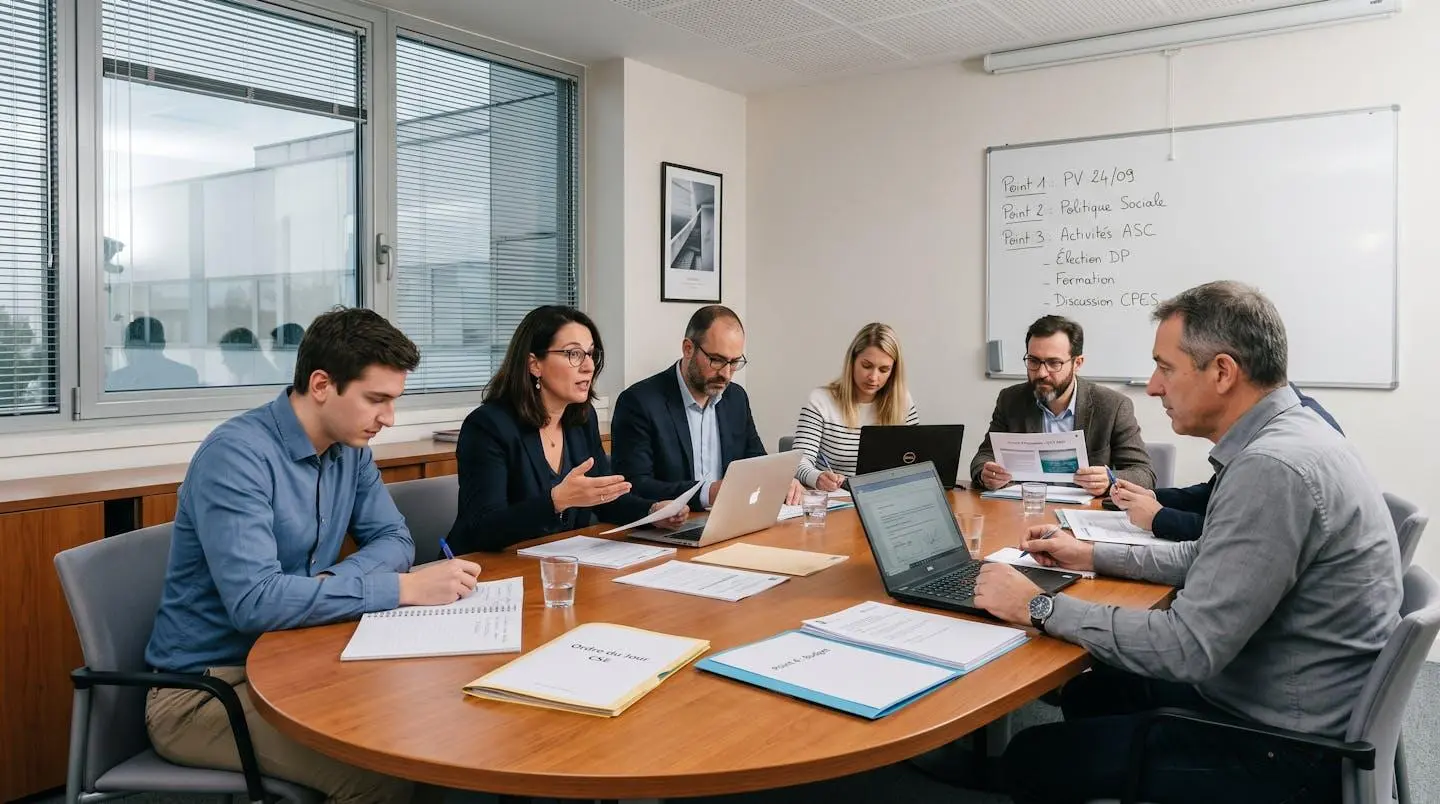Réunion du Comité Social et Économique dans une salle de conférence d'entreprise française avec plusieurs membres autour d'une table consultant des documents de travail